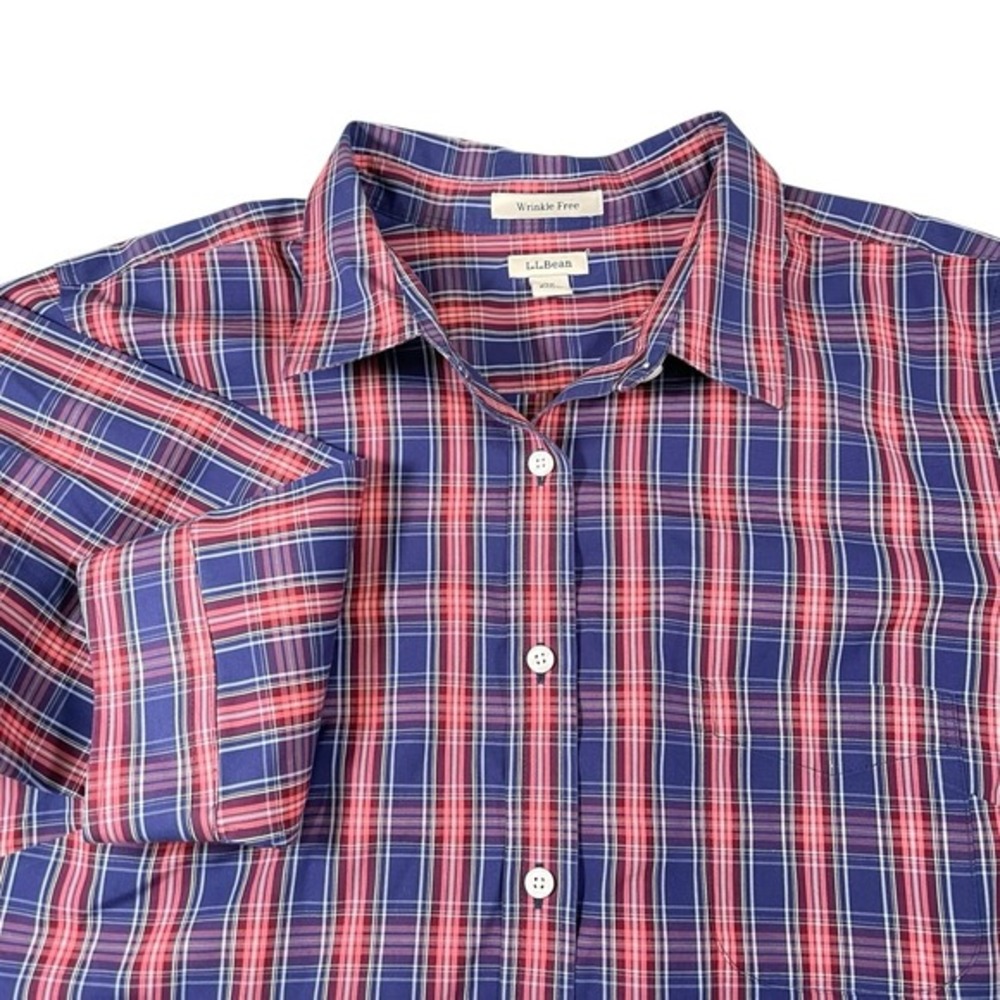 LL Bean 2X Blue Red Plaid Button Down Shirt Wrinkle Free Preppy Coastal Classic